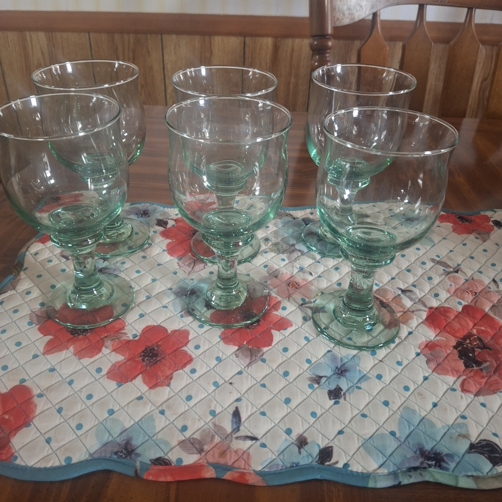 6 Vintage Libby Delicate Green Glass Goblets Hand Blown Recycled Style